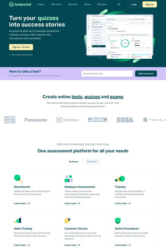 The Testportal website offers a masterclass in modern web design, employing a crisp and inviting color palette that combines stark whites with a vibrant teal accent (#00b39f) and grounded dark grays for text (#202123). Sans-serif typography is used throughout for a sleek and readable presentation, ensuring information is easily digestible. The website brings a professional and user-friendly style, showcasing intuitive navigation and engaging with visitors through purposeful use of whitespace and compelling calls-to-action. This interface is not only pleasing to the eye but also designed to efficiently convey the platform's capabilities in creating online tests, quizzes, and exams for the educational technology sector. Imagery is strategically used to complement the textual content, providing a narrative that aligns with the website's objective of streamlining assessment processes.