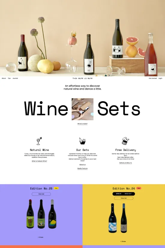 Discover the tantalizing visual feast of Tigoh's wine-centric website, where minimalist elegance meets a modern twist. The website's color palette dances with earthy tones, from warm beige to rich, vivacious yellows, creating a welcoming canvas for their curated wine selections. Black and white provide a classical contrast that anchors the site's whimsical touch, as seen in the playful use of typography. Sans-serif fonts are leveraged with precision, imbuing the site with a contemporary aesthetic that's both clean and accessible. Each wine collection is presented against vibrant, color-blocked backgrounds, turning everyday browsing into an interactive gallery experience. The site invites connoisseurs and new enthusiasts alike to explore with ease, courtesy of its user-centric navigation and enticing visuals that promise an indulgent journey into natural wines.