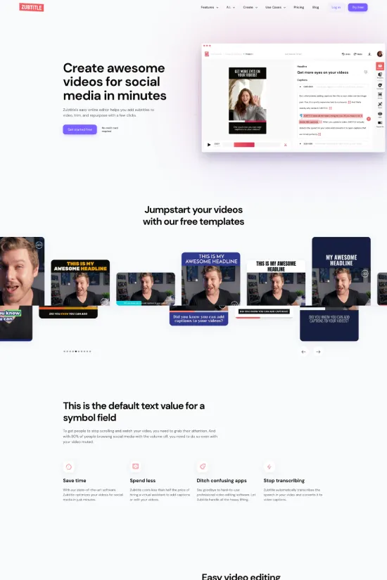 Zubtitle's website presents a sleek, modern interface focused on user-friendliness and a minimalist aesthetic that provides an engaging user experience. The primary color palette boasts a fresh, clean look with crisp white (#ffffff), vivid pink (#f05680), classic black (#000000), and subtle grey (#9b9b9b), delivering a visual experience that captures attention while maintaining a professional demeanor. The sans-serif typography contributes to the site's contemporary and approachable feel, facilitating readability and emphasizing functionality. As we examine the design elements, we notice a cohesive and consistent theme throughout, which harmonizes color, typography, and layout to guide users with ease. The strategic use of white space highlights essential information and calls to action, creating an uncluttered and direct narrative that is ideal for showcasing the platform's benefits. The web design expertly merges aesthetics with conversion-oriented features, making it an exemplary model for technology service websites aiming to attract creative professionals and businesses.