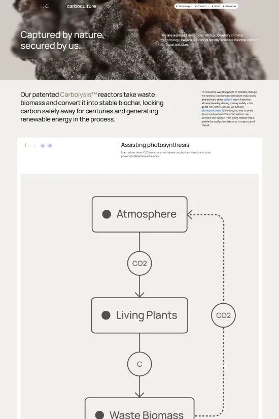 The website of Carboculture showcases a modern and minimalistic approach to design, invoking a sense of clarity and purpose that aligns with the company’s sustainability ethos. The primary colors are stark white (#ffffff), deep black (#000000), and a touch of vibrant green (#4caf50), which not only enhances the visual appeal but also subtly reflects the company's focus on environmental technology. Sans-serif typography is used throughout the site, providing a clean and contemporary feel, ensuring that the informative content is legible and approachable. The design utilizes ample white space to create a breathable layout that helps to focus attention on key elements without overwhelming the visitor. The juxtaposition of high-quality images and concise, well-organized textual content displays the efficacy and professionalism of Carboculture’s patented carbon removal technology. Overall, the website reflects a sleek, professional image that invites potential customers and partners to engage with Carboculture's innovative solutions for a more sustainable future.