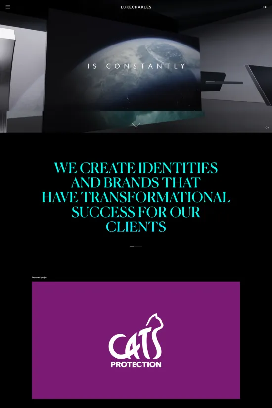 This is a captivating website screenshot that showcases the expertise of LUKECHARLES in crafting transformative identities and brands. With a striking color palette that employs bold blacks, rich blues, and vibrant purples, the design commands attention and exudes confidence. The use of a modern sans-serif font amplifies the contemporary feel of the website, ensuring that the messaging is clear and impactful. The clean, bold typographical choices coupled with a generous use of whitespace indicate a focus on clarity and a sophisticated design approach that prioritizes user experience. Visiting this website is a visual journey through the masterful intersection of color, type, and space that is sure to leave a lasting impression of LUKECHARLES's ability to translate a brand's essence into visual form.