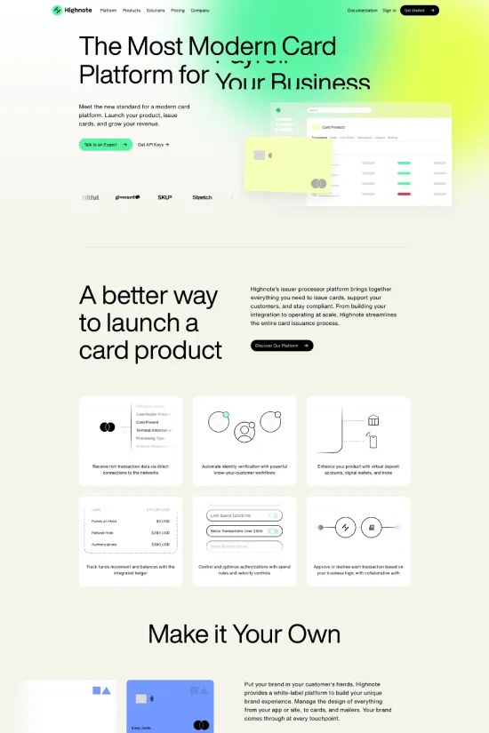 Highnote's website captivates visitors with its state-of-the-art design; a beacon of modern style and simplicity. The website employs a fresh and minimalistic aesthetic, incorporating flat design elements and a clean layout. A bright and energetic green accentuates its vibrant character, creating an engaging visual experience against the stark black and white contrast. Sans-serif typography throughout the site reinforces the contemporary feel, offering a sleek and readable user experience. Every element is crafted carefully to convey innovation and modernity, characteristic of a leading-edge finance and technology company looking to revolutionize the card platform industry. This website is not just visually stunning; it is a perfect reflection of the modern stack it represents.