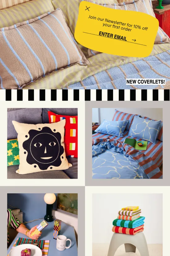 This website features an exuberant and cheerful design ideal for a home decor or textile retail business. The color palette is dominated by bright and vivid primary colors, such as yellow (#ffff00), red (#ff0000), and blue (#0000ff), complemented by timeless black (#000000) which anchors the design and adds contrast. The use of sans-serif typography gives the site a contemporary and user-friendly appearance, ensuring the content is easily readable. The design style is playful and whimsical, with engaging imagery of patterned coverlets, striped kitchen textiles, colorful bathrobes, and artful bathroom accessories, creating an inviting visual narrative for visitors. The presentation of the products through staged photography shows their practicality in stylish, everyday settings, which helps potential customers envision the items in their own homes. Each section of the website is cleanly delineated with calls to action like 'Shop Kitchen!' and 'Bathroom Refresh Bundle!', guiding users toward a seamless shopping experience. The overall design of the website speaks to a confident modernity, with bold use of color and simplified graphics to attract a target audience looking for a fresh, contemporary look in home furnishings.