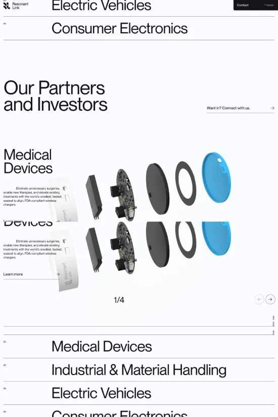 The Resonant Link website features a stunningly minimalist design that speaks volumes about its modern approach to technology and innovation. Dominated by a high-contrast black and white color scheme, the website exhibits a sophisticated and clean look, fostering a sense of clarity and precision which is very much in line with the technological industry it represents. The font choice is decidedly sans-serif, which enhances readability and gives the website a contemporary feel. The strategic use of whitespace accentuates the content and partner logos, guiding the viewer's attention seamlessly through the different sections. The design skillfully communicates the company's focus on clean energy and power through its straightforward layout and bold statements, ensuring that it leaves a memorable impression on visitors.