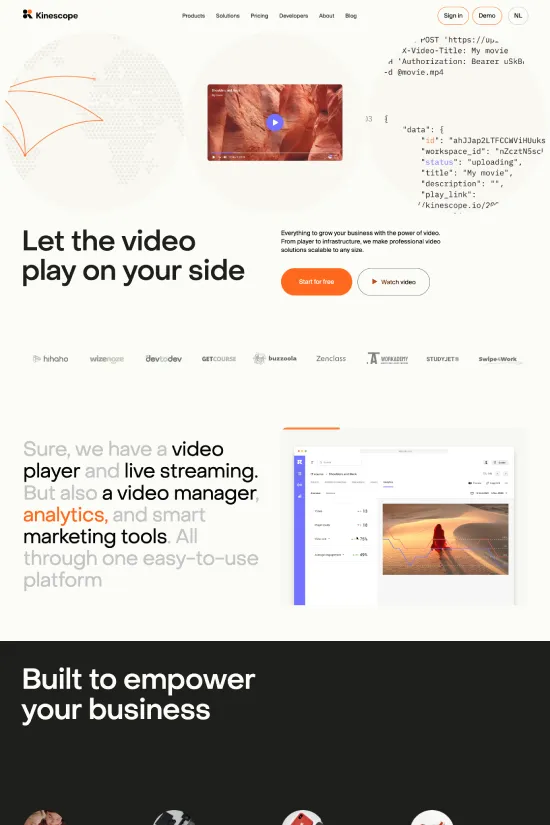 The website harnesses a modern, clean design with a strong focus on user-friendliness and functionality, tailored for the digital media and video streaming technology sector. Dominated by a high-contrast color palette featuring bold colors such as burnt orange, deep blue, charcoal gray, and pristine white, the visual hierarchy is beautifully crafted to draw the user's attention to the right elements at the right time. The Sans-serif typography throughout gives the site a contemporary feel, enhancing the readability and overall sleek aesthetic. Noteworthy is the use of geometric shapes that add a touch of sophistication to the design while also serving as dynamic, engaging elements that guide the viewer's journey through the site. With sections showcasing the company's offerings in video infrastructure and capabilities, the design seamlessly integrates visual cues with informative content to emphasize the powerful features of the Kinescope platform.