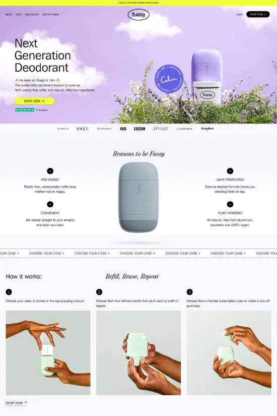 This captivating website design for 'Fussy' radiates an eco-friendly and modern aesthetic that instantly appeals to the environmentally conscious consumer. Taking advantage of a tranquil lavender-inspired color palette, with subtle shades like #f4eaff, #c2aedd, and accents in #666666, the design invites serenity and conveys the brand's commitment to sustainability. With its use of sans-serif typography, the website presents information in a clean and readable manner, enhancing user experience while reinforcing the brand's modern approach. The minimalistic design style, paired with well-organized sections and compelling imagery, helps in communicating the brand’s message of a plastic-free, compostable product line, making it clear that 'Fussy' is at the intersection of personal care and environmental responsibility. The harmonious integration of appealing graphics, clear call-to-action buttons, and neatly displayed endorsements, like press features and customer testimonials, further solidifies the company’s credibility. Convenience and simplicity are emphasized through easy navigation and an intuitive shopping experience, showcasing that eco-friendly choices can also be user-friendly.