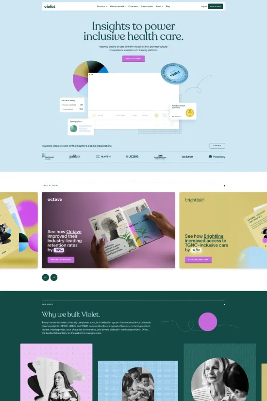 This captivating website for Violet boasts a contemporary and health-conscious design, characterized by a fresh palette of cool mint, deep violet, and soft yellow hues, interplayed with crisp white and rich black for sharp contrast that emphasizes readability. The sans-serif typography underpins the site's modern aesthetic, delivering information with clarity and a touch of sophistication. A harmonious blend of color blocks and geometric shapes draws the eye to key elements, while artful iconography and data visualization seamlessly integrate complex information within the clean layout. The strategic use of whitespace maximizes user engagement, showcasing Violet as a pioneering brand at the intersection of health care and innovative technology.