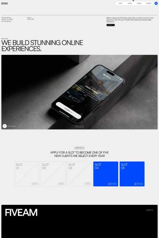 Enter the realm of digital elegance with 5AM's website, a masterpiece that redefines the user experience with its modern and minimalist design. The site flaunts a high-contrast visual theme employing stark black and white tones, accented with a bold electric blue that demands attention. Navigating this digital space feels intuitive and engaging, thanks to its clean, sans-serif typography and dynamic layout that brings content to life. As a beacon of design and technology, 5AM's website boldly showcases their mantra of rethinking conventional ideas to elevate digital experiences. With each scroll, clients and visitors alike are immersed in a storytelling journey that promises innovation and creative brilliance.