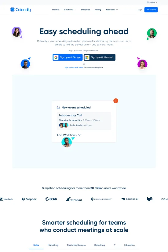 This screenshot showcases a sleek and modern website design for Calendly, a leader in streamlined scheduling software. With a fresh color palette dominated by a bright and inviting blue (#00a2ff), crisp white (#ffffff), and solid grey (#4d4d4d), this site exudes a sense of professionalism and clarity. Typography throughout the site is a sans-serif style, lending to the clean and modern appeal while ensuring excellent readability. The design features intuitive navigation and user-friendly interfaces that invite interaction and exploration. Each section is thoughtfully laid out with ample white space to highlight content without overwhelming the user, embodying a minimalistic yet functional aesthetic. Calendly has crafted a web presence that perfectly represents its brand - efficient, innovative, and indispensable for any team seeking to conduct meetings at scale.