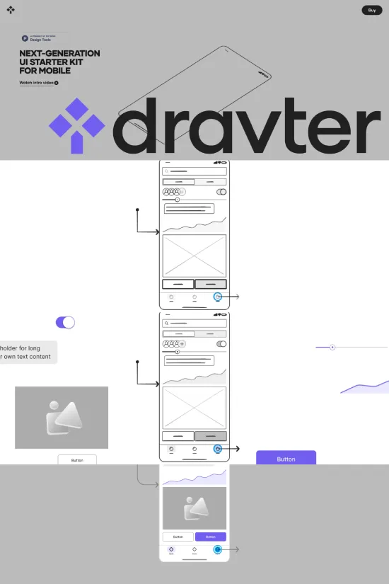 The Dravter website showcases a sterling example of modern web design with its clean and professional aesthetic. It's rooted in a minimalist color palette that pivots around classic black (#262626), vibrant blue (#5851FF), and pristine white (#FFFFFF), with shades of light gray (#F8F8F8) providing a subtle contrast. A crisp sans-serif typography adds to the site's contemporary feel, ensuring that the content is highly readable while conveying a sense of efficiency and advancement. This design is a testament to the premium user experience, catering to the needs of professionals seeking a cutting-edge UI starter kit for mobile applications. Dravter positions itself in the intersection of technology and design by offering a suite of Figma libraries that promise versatility and high fidelity for professional interface design. The use of vivid blue accents interspersed within a dominantly monochromatic layout not only captures attention but also accentuates the interactive elements, making the website not just visually engaging but also intuitively navigable.