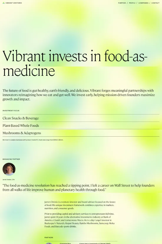 The website for Vibrant Ventures is a masterclass in contemporary, wellness-centric design. As visitors are welcomed by a harmonious blend of gentle pastels overlaying a white backdrop, a sense of health-conscious modernity is immediately conveyed. Key headings are set in a crisp, sans-serif typeface that underscores the company's cutting-edge approach. Typography throughout is easy to read, inviting the user into a narrative about vibrant life transformation through food. This investment firm, specializing in the burgeoning field of food-as-medicine, presents a clean, uncluttered layout that breathes vitality. Product images are framed against bursts of color that subtly reflect the products' goodness and natural ingredients. The overall design palette, a fusion of soft greens, warm yellows, and muted pinks, supports the organization's ethos of nourishing, sustainable partnerships in the food industry. This website is nothing short of a virtual testament to the fusion of aesthetic appeal with a noble mission – to reinvigorate human health through dietary innovation.