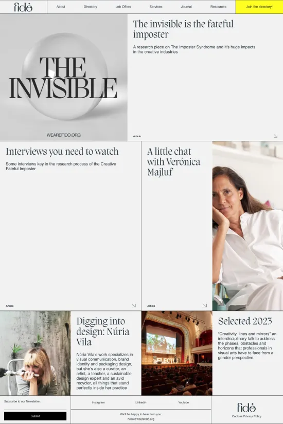 This captivating website screenshot showcases a stellar example of modern web design merged with a magazine-like aesthetic. Featuring a dynamic grid layout, the site displays a harmonious blend of vivid colors and engaging visual content. Prominent use of a bright yellow hue (#FFFF00) commands attention and accentuates the energetic personality of the website. Sparing use of classic black (#000000) grounds the design and offers a striking contrast that improves readability and visual hierarchy. Typography is skillfully employed, boasting a tasteful combination of crisp sans-serif and elegant serif fonts, creating a contemporary vibe that is both professional and accessible. The meticulous composition and bold design choices paint a clear picture of a distinguished site within the design industry, pushing the boundaries of digital expression. 'It's Nice That' stands out as a beacon of creativity and inspiration in the digital landscape.
