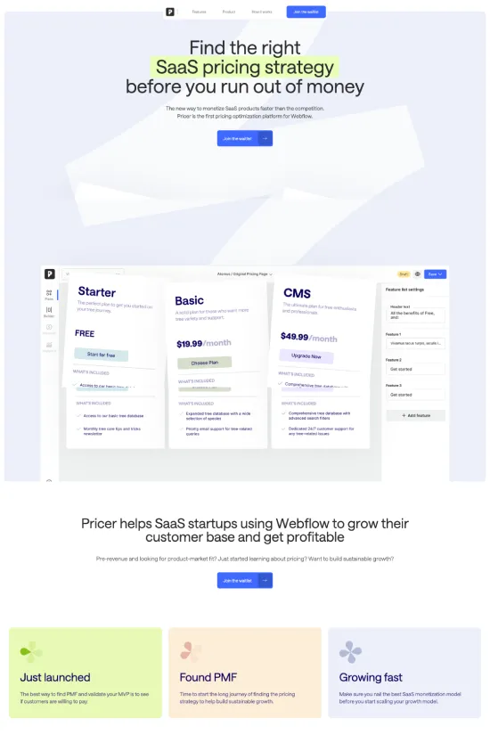 This website, designed for 'Pricer', embraces a modern and minimalist aesthetic, perfect for a SaaS platform specialized in pricing strategies for Webflow users. The use of a bright, clean white background accentuated with vibrant blue (#007bff) and green (#28a745) highlights, creates a dynamic and engaging user experience. A sans-serif typeface is employed throughout the site, contributing to its contemporary look and enhancing readability. This design leverages a balance between whitespace and content, offering an uncluttered layout that directs user attention to critical information and calls to action. The intuitive user interface is punctuated with colorful accents that guide the eye, striking a harmony between visual appeal and functional design. Notably, the website showcases screenshots of pricing tables, indicating the tool's functionality, while reinforcing its benefits through succinct, impactful copy. The design speaks to a tech-savvy audience aiming to optimize their pricing strategies with efficiency and style.