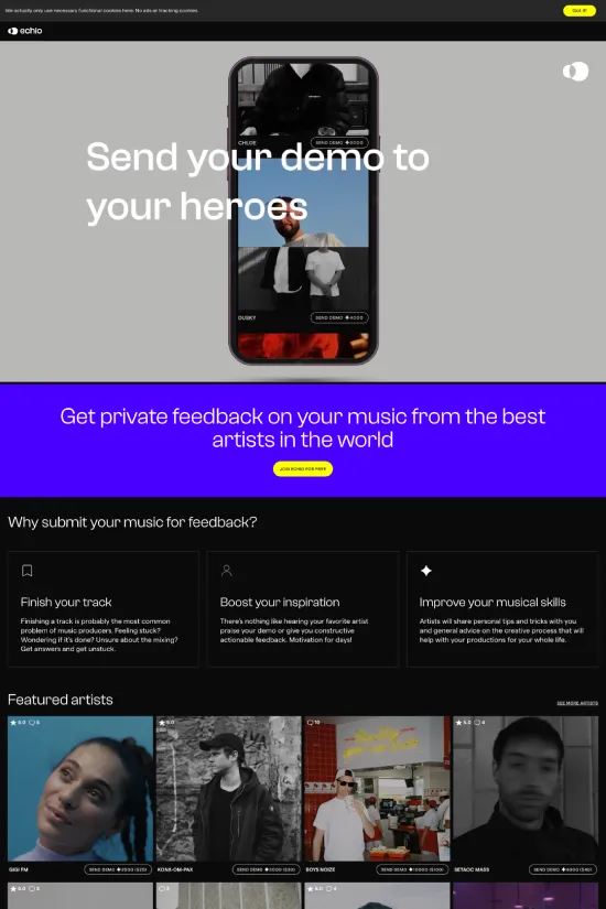 The Echio website presents a bold and modern interface, capturing the essence of the music industry with its vibrant design. Anchored by a deep black (#000000) background, the contrasting white (#ffffff) typography stands out, ensuring maximum readability and immediate attention. Accents of bright purple (#6e00ff) inject energy into the website, highlighting important calls to action and reinforcing a creative atmosphere. The typography is clean and contemporary, using sans-serif fonts that contribute to the site’s sleek and professional appearance. The modern, minimalistic layout is designed to focus user attention on crucial information and featured artists, while the sparing use of vivid colors creates a memorable visual hierarchy. Expert use of white space enhances the user experience by preventing visual overload and directing the viewers' eyes smoothly from one section to the next. Overall, the design speaks to a young, dynamic audience looking to engage with cutting-edge music talents.
