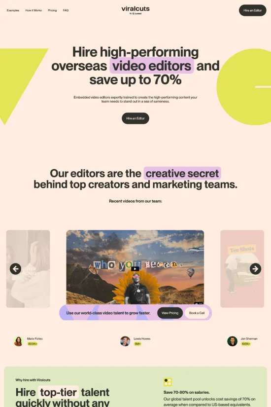 ViralCuts presents a refreshing approach to professional video editing services, showcasing a modern and minimalist web design that stands out in the creative industry. The harmonious palette of soft purples and muted yellows, punctuated with elegant dark tones, creates visual appeal that’s as effective as it is unique. The typography is a crisply legible sans-serif, inviting smooth navigation and a friendly user experience. Strategic use of geometric shapes and flat design illustrations conveys the essence of simplicity and sophistication. With a clear and engaging layout, ViralCuts convincingly reveals itself as the creative secret behind top content creators and marketing teams, promising high-quality services that are just a few clicks away.