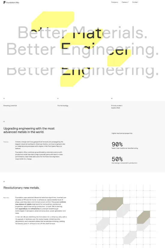Foundation Alloy's website embodies a pioneering spirit with a minimalist and modern design that mirrors the innovative approach to engineering advanced metals. Stark contrasts in the color palette, leveraging a bright yellow against a clean white background, infuse energy and focus, while the bold, sans-serif typography conveys clarity and precision. Incorporating geometric shapes and crisp lines, the site exudes a sense of cutting-edge technology and streamlined functionality. The simplicity of the layout allows the content, which speaks to the company's revolutionary approach to alloy design, to take center stage and makes a compelling argument for the brand's role at the forefront of industrial innovation.