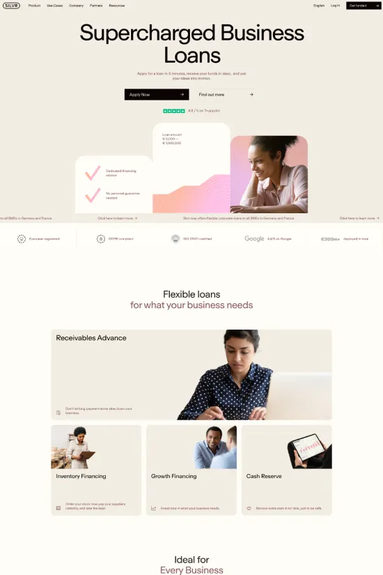 Showcasing an exemplary blend of modern design and functionality, the Silvr website represents a pinnacle in minimalist web aesthetics. With a sophisticated yet approachable color palette, the site employs a harmonious combination of crisp whites, bold blacks, and soft pinks, creating an inviting and professional digital environment. Sans-serif typography, chosen for its readability and contemporary flair, anchors the website's content, guiding users with clear hierarchies and legible text. Visually, the site adheres to a clean and uncluttered style that enhances user navigation and promotes a sense of trust and efficiency, vital for a website in the financial industry. The strategic use of imagery and clear call-to-action buttons further illustrates Silvr's commitment to providing an intuitive and seamless user experience. Overall, the web design expertly communicates the company's focus on innovative business lending solutions.