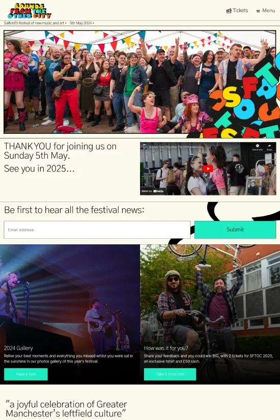 The website presents a vibrant and immersive experience, seamlessly combining contemporary boldness with the energy of a music and arts festival. The primary color palette is simple yet striking, with stark black and pure white allowing for other visual elements to pop, ensuring that the user's attention is drawn to key features and content. Sans-serif typography throughout lends a modern and clean aesthetic that is both readable and stylish, perfect for an event that showcases new music and art. The overall design embodies the spirit of the festival, with engaging interactive elements such as a video highlight reel that offers a glimpse into the festival atmosphere. Imagery is used effectively to tell a visual story of the event, making the website not only an information hub but an extension of the festival's creative flair.
