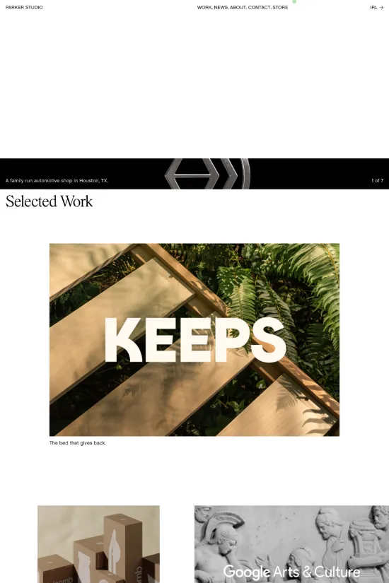 The essence of Parker Studio's sophisticated and minimalistic web presence. The website employs a clean, modern design comprised of a monochromatic color palette that emphasizes a stark contrast between black and white. Sans-serif typography is used throughout, enhancing the overall contemporary feel and ensuring legibility. The layout presents a curated selection of works that resembles an art gallery, allowing users to visually indulge in the showcased projects. This digital experience delivers a powerful statement of Parker Studio's branding and design capabilities.