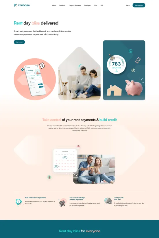 The ZENBASE website exudes a clean and modern aura that aligns perfectly with its financial services. Utilizing a soothing palette with primary colors of pastel coral, muted teal, and a rich navy blue, the site commands a professional yet approachable tone. Its typography is rooted in sans-serif fonts that enhance readability and contribute to the site's contemporary feel. Overall, the website employs a minimalist design that focuses on user experience, prioritizing clarity and ease of navigation. From the engaging graphics that merge illustrations with photography, to the strategic use of whitespace that guides the eye, every element works harmoniously to convey the company's dedication to delivering 'rent day bliss'. This well-crafted website melds functionality with aesthetics, reflecting ZENBASE's commitment to providing stress-free payment solutions in the finance industry.