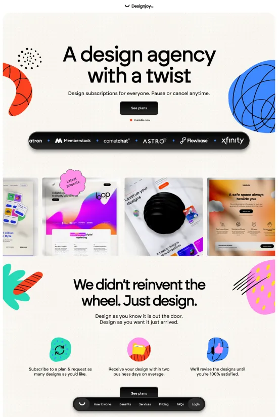 Designjoy presents a striking website that exudes a modern and minimalistic aesthetic, favoring a bold and vibrant color palette that includes black, coral red, mint green, purple, and bright orange. Sans-serif typography anchors the design, providing a clean and contemporary reading experience. Geometric shapes and playful graphics infuse the site with a dynamic, distinctive character. The artful balance of color, form, and typography crafts a captivating presence, perfectly capturing the essence of an innovative design agency that stands out in the digital space.
