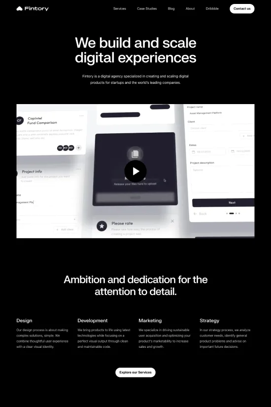 Fintory's website is a masterpiece of minimalist design, showcasing sharp contrasts with its bold use of black and white, punctuated by a refreshing splash of vibrant teal for accentuation. The use of a clean, sans-serif typeface across the site speaks to the brand's modern ethos, offering legibility and a contemporary feel. The homepage delivers an impactful visual statement with its generous white space and carefully selected imagery that underscores the company's work in digital experiences. A visitor will note the strategic design that perfectly balances aesthetics and information, making Fintory a paragon of web design excellence in the digital services sphere.