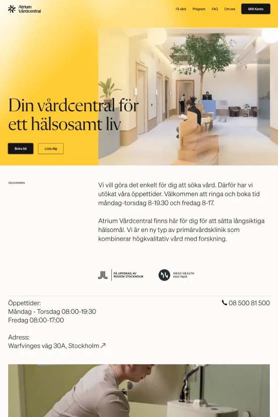 The Atrium Vårdcentral website presents a masterclass in modern, minimalist web design with a health-focused narrative. A harmonious palette, anchored in a clean off-white (#FFFFFE), a subtle light gray (#F5F5F2), and a soft charcoal (#33302E), sets a tone of clarity and professionalism. The typographic choices lean towards a sans-serif font that promises legibility and contemporary appeal, ensuring that the site's communication is direct and uncluttered. The user interface is marked by a generous use of white space, which enhances focus on the essential elements, promoting an environment of tranquility — much like what one would expect from an advanced healthcare facility. This web experience mimics the essence of the brand, one that balances state-of-the-art services with patient comfort and care.