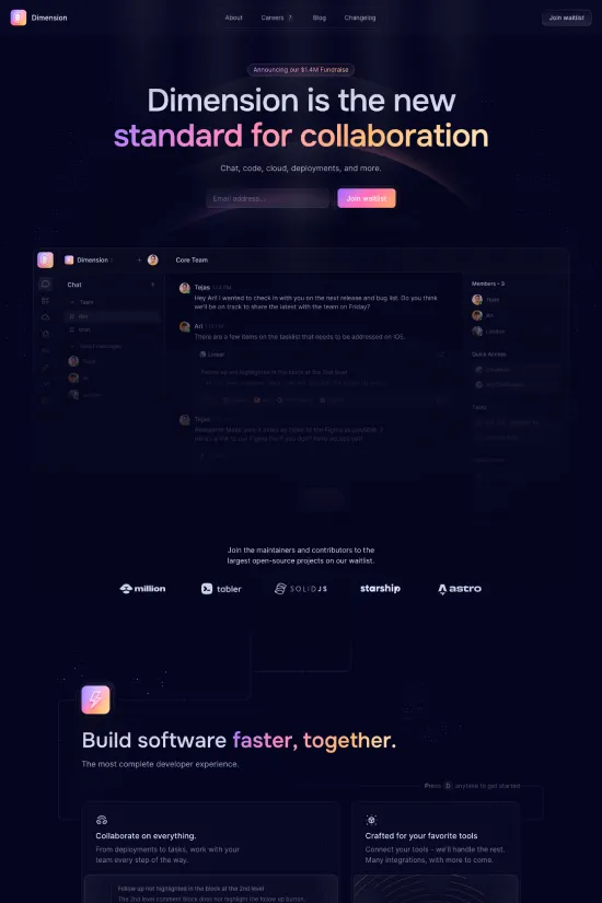 Embark on a tour of Dimension, where state-of-the-art design converges with cutting-edge technology. This website is a masterpiece of modern minimalism, draped in a dark theme that exudes elegance and sophistication. The primary colors are a deep midnight blue (#100E1D), paired with a celestial light blue (#8EBAFF) for highlights and pristine white (#FFFFFF) for text, creating a contrasting palette that is both bold and inviting. The utilization of a sleek sans-serif typography throughout the platform not only enhances readability but also punctuates the site's contemporary aesthetic. Strategic gradients whisper across button interfaces, adding a subtle depth that captivates the eye, while maintaining a clean and uncluttered layout. Catering to the software industry, Dimension's online presence is a crisp reflection of its commitment to advanced collaborative solutions. This isn't just a website; it's a bold statement of innovation and collaborative spirit in the digital realm.