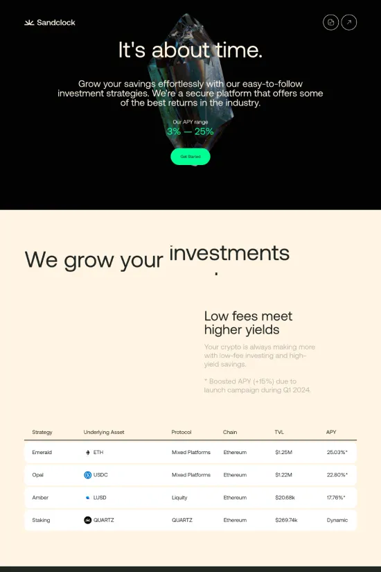 The website of Sandclock exudes a contemporary and sleek aura, with a color palette grounded in stark black and punctuated by vivid neon green, providing a high-contrast visual experience that is simultaneously arresting and sophisticated. The typography, rooted in a sans-serif font, lends the site a modern and clean aesthetic that ensures legibility and a crisp delivery of information. Its minimalist design, free from unnecessary decorations, allows the key information to be the focal point, facilitating an intuitive user journey. The strategic use of flat design elements integrates a sense of modernism and professionalism. In terms of responsiveness and adaptability, the website's structure hints at a seamless experience across various devices, illustrating the brand's dedication to providing accessible and efficient service. Sandclock’s approach embodies a marriage of form and function tailored to the discerning finance industry consumer, looking for a secure and advantageous investment platform.