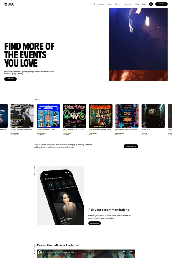 This is the epitome of cutting-edge web design, tailored for the entertainment industry. DICE's website captivates with a stark, high-contrast color palette of black and white, creating a modern and minimalistic aesthetic that instantly engages the user. Sans-serif fonts provide a clean, contemporary vibe that enhances readability and contributes to the site's user-friendly experience. Imagery is bold and vibrant, offering snapshots of events that promise excitement and diversity. The layout is sleek, with intuitive navigation that invites users to explore more of what they love. Every element is carefully crafted to provide a seamless user experience, from the effortless event browsing to smart, personalized recommendations. This website is not just a portal to events; it's a showcase of design excellence that's as dynamic and spirited as the events it advertises.