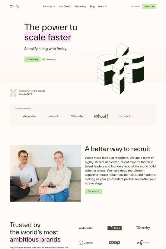 Featuring a crisp and modern design, the Amby website exudes elegance and professionalism. With a striking color scheme that primarily uses black text on a white background, accentuated by a vibrant green (#04B78A) for calls to action and highlights, the site creates a visual appeal that is both inviting and easy to navigate. The sans-serif typography throughout the website suggests a contemporary and sleek approach, enhancing readability while offering a subtle nod to current design trends. This clarity in design extends to well-spaced content and a structured layout, fostering a seamless user experience. The website effectively communicates the scale and scope of Amby's recruitment services, leveraging testimonials and brand logos from reputable companies to build trust. Concluding with an intuitive call-to-action, the Amby website stands out as a prime example of modern web design in the human resources and recruitment industry.