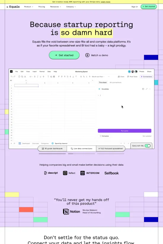 This contemporary website bursts with a clever use of vibrant purple and contrasting clean whites, accented by subtle greys and rich blacks, crafting an engaging color palette that immediately captures attention. It employs a sans-serif typography that enhances readability, fostering an approachable yet professional tone throughout the site. The design presents a seamless blend of minimalism with modern flair, utilizing flat icons, ample white space, and a well-organized layout that prioritizes user experience. Vibrant visuals interplay with concise copy to compel and inform, setting the stage for a product that promises to simplify and illuminate the intricacies of startup reporting. This website is a standout piece of digital craftsmanship tailored for the technology and business sectors, designed to make complex data beautifully accessible.