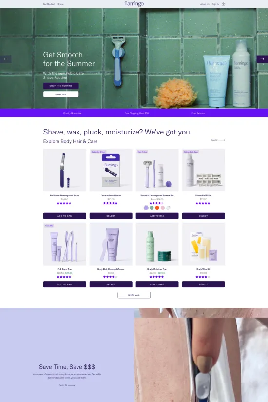 Delve into the sophisticated world of Flamingo, where personal care meets elegance in a user-centered design. The website opens with a vibrant plum backdrop, complemented by clean, white spaces that make the sans-serif typography stand out, ensuring a frictionless navigation experience. Utilizing a modern and minimalistic approach, the site features bold accents of black for text and buttons which contrast splendidly against the lighter hues. Strategic use of whitespace enhances product presentations, making each offering appear inviting and straightforward. This tasteful combination of simplicity and functionality embodies the essence of the flamingo brand—an ally in your personal grooming regimen, promising high performance wrapped in the beauty of design.