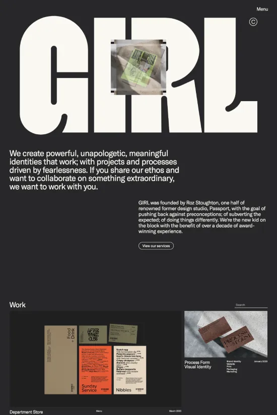 The GIRL Studio website exemplifies a monochromatic palette rooted in stark black and white, creating a dramatic contrast that's both eye-catching and timeless. The typography is decisively Sans-serif, with clean lines and a modern aesthetic that lends itself to excellent legibility and a contemporary vibe. Minimalism is a key component of the design, evidenced by the ample use of negative space and a layout that favors simplicity over complexity. This confident approach showcases the company's work through large, bold images and text, allowing their design capabilities to shine through without unnecessary embellishment. The website's interface reflects the cutting-edge nature of the design industry, inviting visitors to explore the company's portfolio with ease and inspiration.
