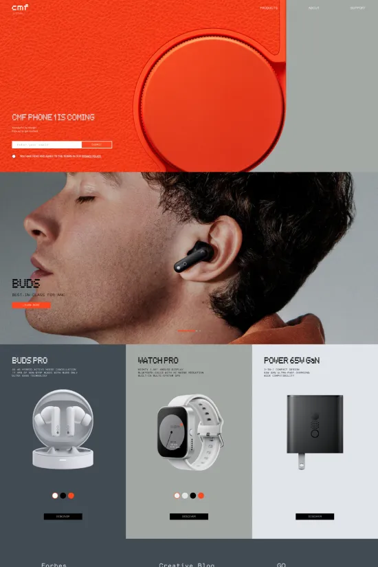 The CMS by Nothing site presents a cutting-edge approach to technology product marketing, using a modern, clean, and minimalist design that effectively showcases the innovative nature of the products. The bold use of a striking red (#f23030) sets an energetic tone, while shades of grey (#4a4a4a, #7f7f7f) and clean white (#ffffff) create a high contrast that makes the content stand out, embodying a professional and tech-savvy image. Sans-serif typography is employed throughout for its readability and modern appearance, complementing the overall aesthetic of the site. The uncomplicated layout, with ample white space and a clear visual hierarchy, ensures easy navigation and a user-friendly experience. Strategic product placement accompanied by succinct descriptions emphasizes the brand's focus on technological precision and aesthetic value. This design communicates a brand that is at the forefront of the tech industry.