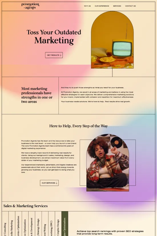 The Promotion Agents website offers a breath of fresh air with its modern-retro design aesthetic that is as captivating as it is functional. Employing a pastel color palette with strategic pops of vibrant retro hues, this website skillfully combines nostalgic elements with contemporary style. Soft peach, ivory, and teal backgrounds provide a soothing visual experience that highlights the call-to-action buttons and services they offer. The minimalist design approach emphasizes content and promotes user engagement without sacrificing visual appeal. Clean, sans-serif typography adds to the modern feel, ensuring that text is easily readable and complements the fresh and uncluttered layout. Overall, the website presents a harmonious blend of style and substance, reflecting the company's creative and forward-thinking approach to marketing solutions.