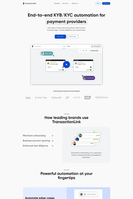 The TransactionLink website is a masterpiece of modern web design, exemplifying a clean and minimalistic style that speaks to the efficiency and clarity important in the finance and technology industry. Dominating the color palette are a vibrant blue (#1f40ff), crisp white (#ffffff), and classic black (#000000), accented with a lively green (#21ce99) and a striking red (#ff6268) that energize the overall design. Sans-serif typography gives the site a contemporary feel, providing excellent readability and a professional vibe. Attention-grabbing graphical elements, such as colorful icons and interactive modules, are incorporated throughout, guiding users seamlessly through the site's offerings. This digital space is not only visually appealing but also intuitively organized, catering to payment providers looking for end-to-end KYB/KYC automation solutions with an emphasis on user experience.