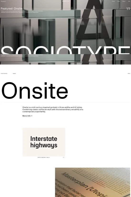 This elegant website showcases the Sociotype's refined approach to typography. The minimalist design leverages a stark monochromatic color palette, embracing the full spectrum of contrast with crisp whites and deep blacks. Sharp, sans-serif typefaces demand attention, offering a modern reinterpretation of mid-century-inspired grotesk in various widths and styles that speak to the designer's versatility and innovation. The use of abundant white space emphasizes readability and allows the typography samples to breathe, inviting users to appreciate the precision in each character's construction. The clean layout and the absence of unnecessary decorative elements focus the user's eye on the core product – the type design. The overall design demonstrates how simplicity and attention to detail can create an engaging and visually striking experience indicative of a contemporary design ethos.