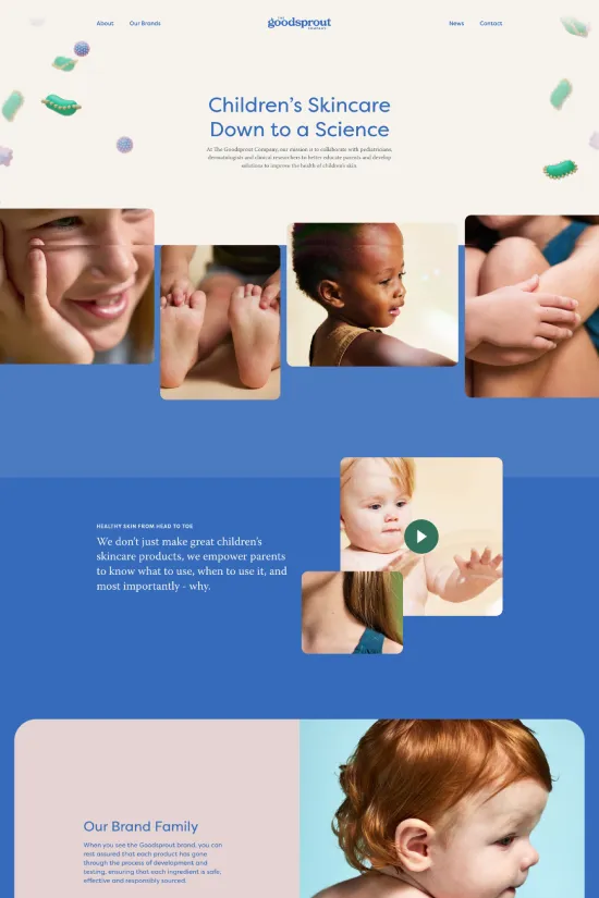 Immerse yourself in the refreshing world of the Goodsprout website, an exquisite example of modern web design dedicated to children's skincare. The site leverages a gentle color palette with pastel blues, creams, and soft teal accents that evoke feelings of calmness and cleanliness – paramount in the context of skincare. Sans-serif typography throughout delivers a contemporary and readable experience that's as smooth as the skin care products it promotes. The clean, minimalist design underscores the brand's focus on science and health, ensuring that information is both accessible and engaging. Engaging visuals and thoughtfully organized content further enhance the user-friendly environment, making it a go-to resource for parents deeply invested in their children's well-being.