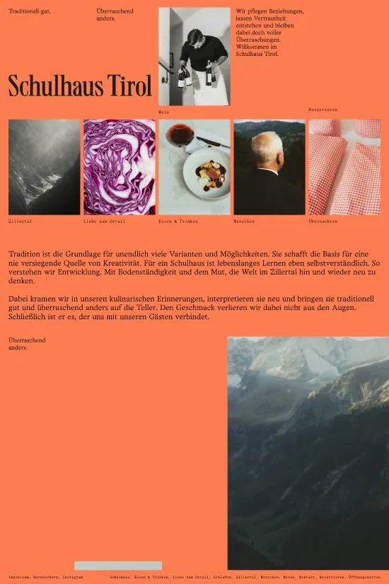 The Schulhaus Tirol website exemplifies modern, minimalist web design trends with its focus on a vibrant and engaging visual experience. Dominated by a striking orange (#f15a29) that commands attention, the site’s color palette is balanced with clean whites and dark text for readability. Sans-serif typography adds a contemporary touch, ensuring content is easily digestible while remaining stylish. Large, bold images are strategically arranged against a crisp white background, complementing the energetic hues and bringing life to the narrative of the education industry. The interplay of visuals and text in a clean layout makes navigating through educational initiatives both intuitive and inviting. Above all, the website embodies a sense of innovation and clarity that’s essential for any educational institution looking to make a strong, modern impression.