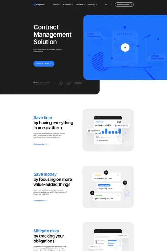 Welcome to Cequence's realm of cutting-edge contract management solutions. This technological tour-de-force exudes modernity and functionality, utilizing a stark, high-contrast color palette of black, white, and a distinctive blue that underscores its corporate identity. The entire site breathes a contemporary air through its use of sans-serif typography, which speaks of clarity and ease of communication. Negative space is strategically leveraged to draw attention to the content, making navigation intuitive for potential users and clients. With sleek graphics and subtle animations, this website is tailored to project an image of innovation and precision. It promises users an integrated, seamless experience reflective of the latest trends in UI/UX design. The visual hierarchy is meticulously crafted, ensuring that visitors to the site are never lost, but are instead guided through the narrative of streamlined technology solutions that Cequence offers.