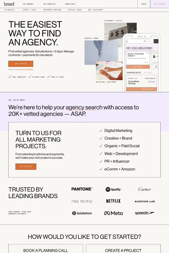 Breef presents a cutting-edge website that exemplifies modern design trends with its clean layout, bold typographical choices, and a contemporary color scheme. The website boasts a professional and user-friendly interface that highlights the ease of finding and managing marketing agency services. Sans-serif typography is skillfully employed, enhancing the site's readability and creating a minimalistic look that appeals to a broad audience. The restrained use of vibrant accent colors like coral, yellow, and light blue against a crisp white background ensures that important calls to action and informational segments stand out, drawing the user's attention to key areas of the site. The harmonious balance between sophistication and simplicity makes Breef's website an excellent representation of its brand, communicating efficiency and trust to potential clients.