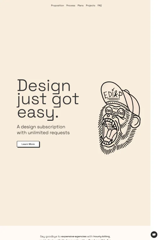 Epic Design's website presents a refreshingly modern and minimalist approach to the digital design services arena. With a dominant color palette that marries a neutral beige with bold blacks and pops of vibrant pinks, purples, and yellows, the visual experience is both inviting and aesthetically pleasing. The use of sans-serif typography reflects the brand's commitment to contemporary design trends, ensuring legibility and a clean, uncluttered look. Each section is marked by flat design illustrations that not only add character but also effectively communicate the company's creative capabilities. From mobile apps to social media graphics, Epic Design showcases its versatility in a beautifully organized manner, underpinned by a pricing structure that eschews complexity in favor of transparency. This website is a testament to the power of good design, marrying functionality with creativity, and inviting users to explore the ease and reliability of a subscription-based design service.