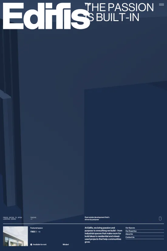 Edifis presents a website with a clean, minimalist aesthetic that exudes a sense of professionalism and stability pertinent to the real estate and construction industry. The website utilizes a modern color palette dominated by a deep navy blue (#00338D), accented by crisp whites (#FFFFFF) and stark blacks (#000000), conveying trust and a corporate identity. Typography on the site is exclusively sans-serif, which reinforces the modern and clean vibe, ensuring that information is conveyed with clarity and legibility. Large, bold headlines are paired with spacious, well-organized content sections, embodying a user-friendly interface that balances functionality with visual appeal. The prominence of subtle geometric shapes and strong lines in the background graphics further underlines the company's focus on precision and architectural excellence. As a web design expert, I would highlight the site's successful amalgamation of arresting visuals and a user-centric approach that is sure to resonate with professionals and clients in the real estate and development sectors.