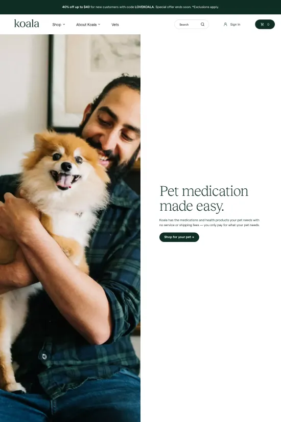 The Koala Health site showcases a modern, minimalist design that effectively leverages white spaces to create a clean aesthetic. The use of a sans-serif font contributes to the site's user-friendly and contemporary feel. Primary colors such as a soft green and neutral grays are strategically used to highlight calls to action and to create a refreshing, calming experience, corresponding well with the pet healthcare industry. The website strikes a balance between welcoming visuals and informative content, making it a go-to resource for pet medication, wellness, and related products.