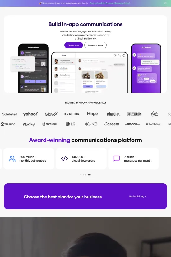 This website showcases a sleek and modern design, employing a sophisticated color palette dominated by a rich, royal purple paired with ample whitespace, achieving a balance of vibrancy and cleanliness. The usage of a sans-serif typography across the site adds to the contemporary and approachable feel, aligning perfectly with the tech-savvy nature of a communications platform company. The interface is user-friendly with clear, concise text and a minimalistic layout that holds attention. Strategically placed, high-quality images provide context and show the product in action, reinforcing credibility and reliability in the industry. Each section is thoughtfully designed to cater to different user needs, from detailing service features to client testimonials and detailed industry-specific solutions, ensuring a holistic user experience. The website establishes a strong brand identity for Sendbird, effectively conveying their message as an award-winning communications platform. The attention to detail and cohesive design elements position Sendbird as a leader in the technology and communication industry.