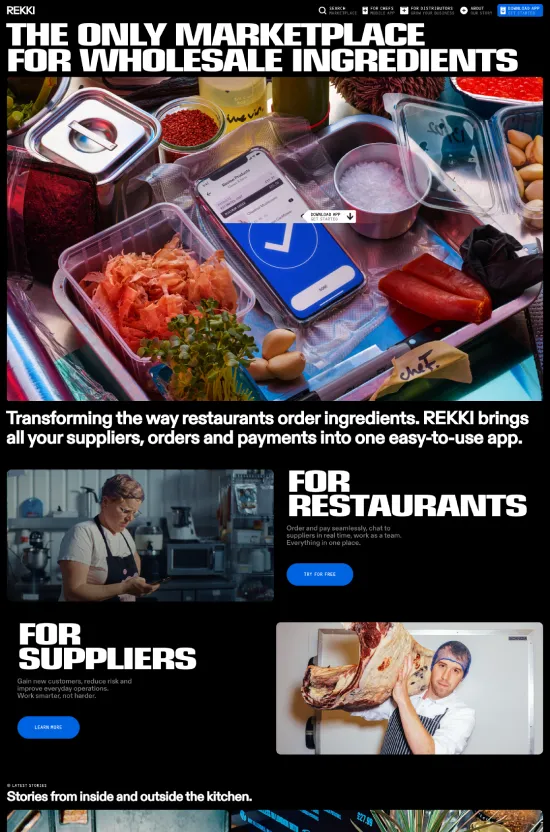 The website for REKKI showcases a sleek and modern design with high contrast elements that highlight its role as an innovative marketplace for wholesale ingredients. Bold sans-serif typography is used throughout the interface to convey a sense of clarity and efficiency, perfectly complementing the dynamic, tech-savvy nature of the platform. A striking use of black and white tones with splashes of a vibrant yellow color accentuates important calls to action and navigational elements, engaging the user’s attention and guiding them through a seamless experience. The website successfully balances informative content with captivating visuals, making it a standout digital platform in the food service and technology industry.