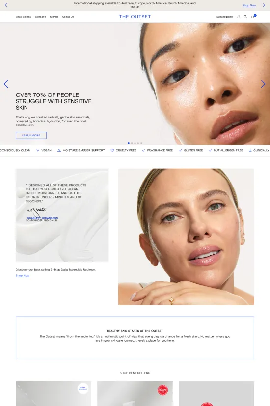 The Outset website is a masterclass in minimalistic and premium design, effectively showcasing a skincare brand. Dominated by a clean white background, it uses strategic pops of bold red to draw attention to critical elements, such as calls to action and product highlights. The streamlined sans-serif typography exudes modernity and ensures readability across the site. The sparing use of black text against the white backdrop reinforces the brand's commitment to clarity and sophistication. High-resolution imagery featuring close-up portraits highlights product results, creating a personal and aspirational feel. Each design choice, from the layout to the restrained color palette, converges to epitomize a brand that is both authoritative and accessible in the beauty and health industry.