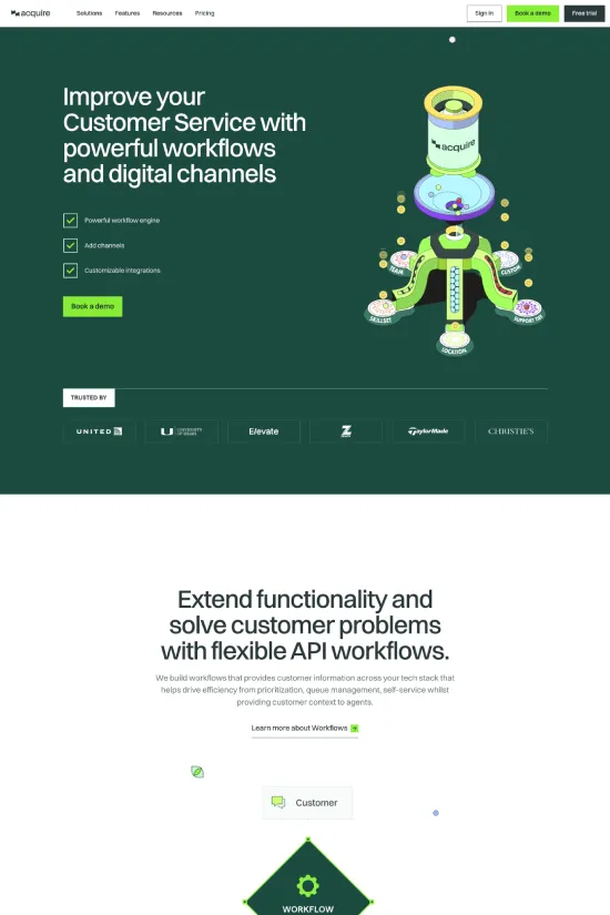 With an elegant mix of modern design elements and vibrant color contrasts, the Acquire website captures the essence of innovation in customer service technology. The primary palette features a rich forest green (#18453B), an energetic teal (#00BFA5), and a warm sunshine yellow (#FDB813), grounded by crisp white (#FFFFFF) and solid dark gray (#323232). These hues instill a sense of efficiency and reliability, inviting users into a streamlined experience. Typographically, the website leans on a sans-serif font that reinforces the clarity and directness of the message. Clean lines, flat design illustrations, and minimalist layout work seamlessly to ensure the focus remains on functionality and ease of use. The website's design promises a blend of style and substance, with a clear intention to engage professionals seeking cutting-edge customer service solutions.