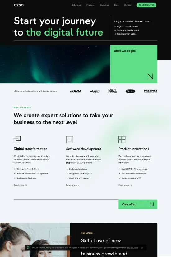 The Exso website is a stellar example of modern web design with its crisp, clean lines and a minimalistic approach that appeals to the tech-savvy audience. Boasting a fresh and lively combination of white and dark text on a subdued background, with vibrant green accents to highlight calls-to-action and interactive elements, this website stands as a beacon of the digital age. The typography is elegantly sans-serif, which enhances the site’s contemporary feel and underscores the readability of the content. This state-of-the-art design resonates with the industry's forward-thinking ethos, leveraging whitespace effectively to create an engaging user experience that embodies the essence of technological innovation and professional corporate presence.